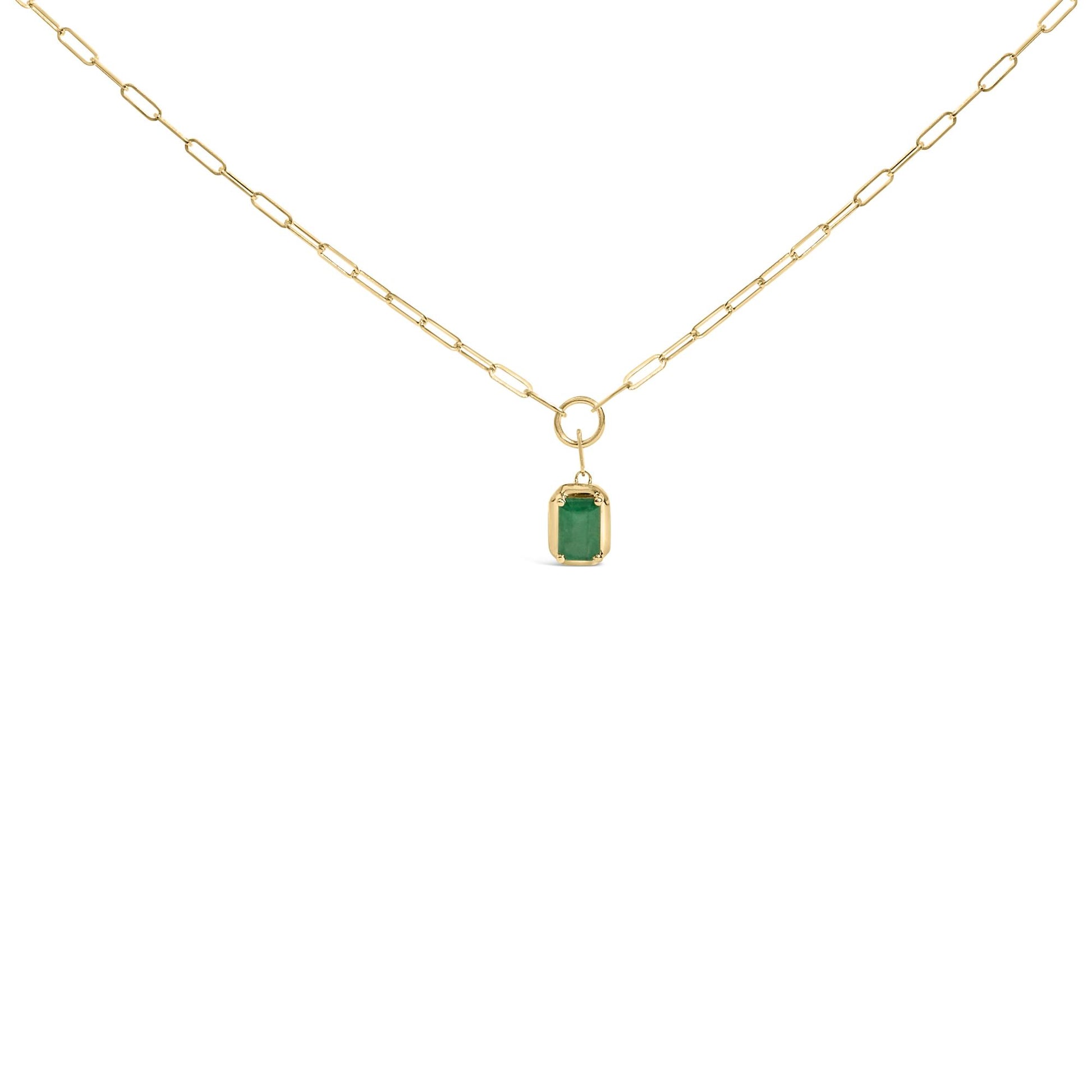 Front view of a yellow metal necklace with a chain link design and a rectangular green gemstone pendant in bezel setting.