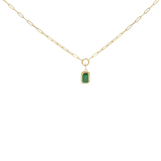 Front view of a yellow metal necklace with a chain link design and a rectangular green gemstone pendant in bezel setting.