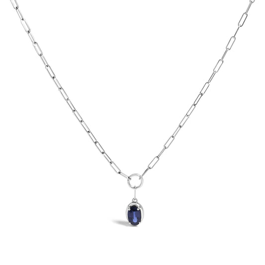 White metal necklace with elongated chain links and a small oval blue gemstone pendant, shown on a white background from a front angle.