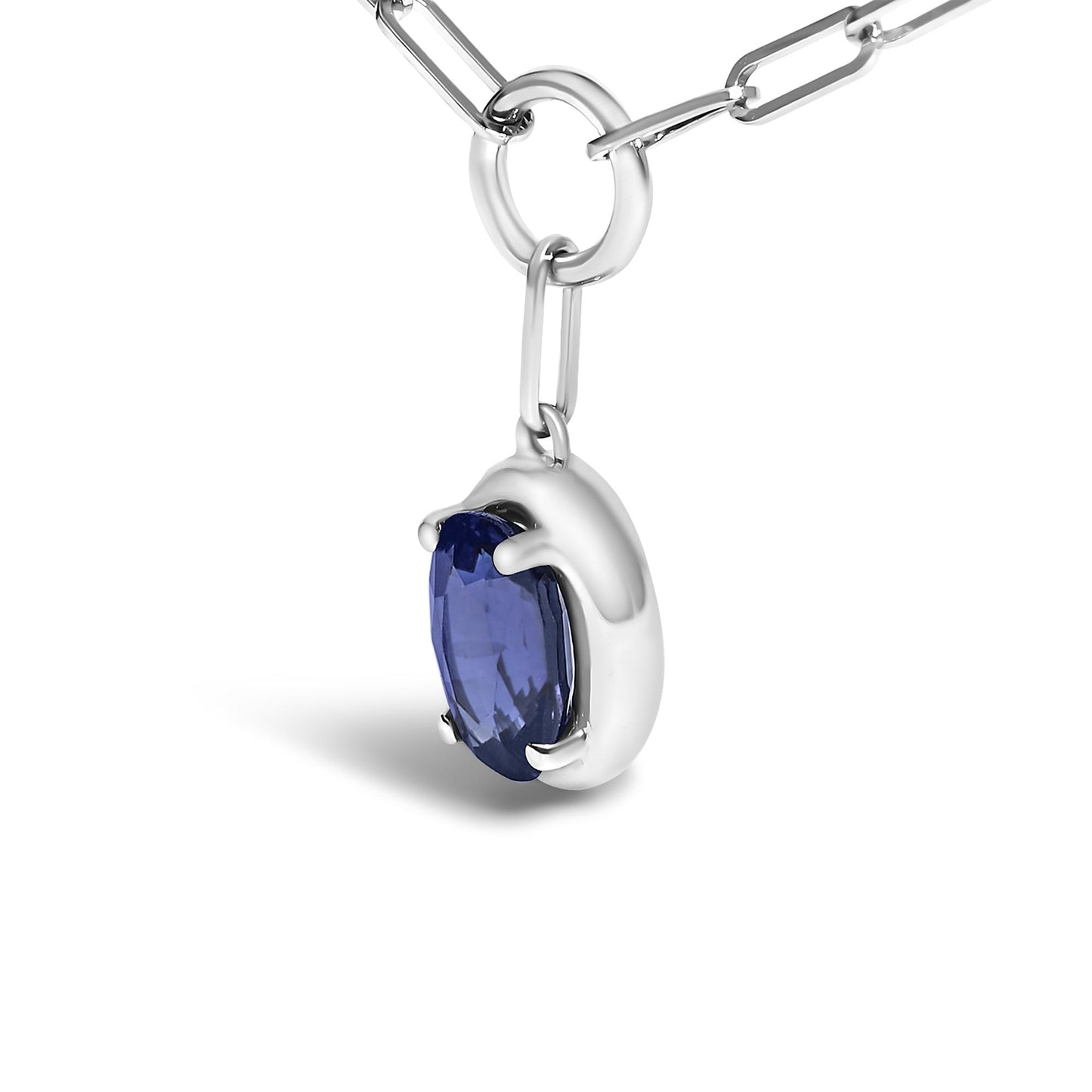 Close-up front angle of a white necklace chain featuring a pendant with an oval blue gemstone in a prong setting.