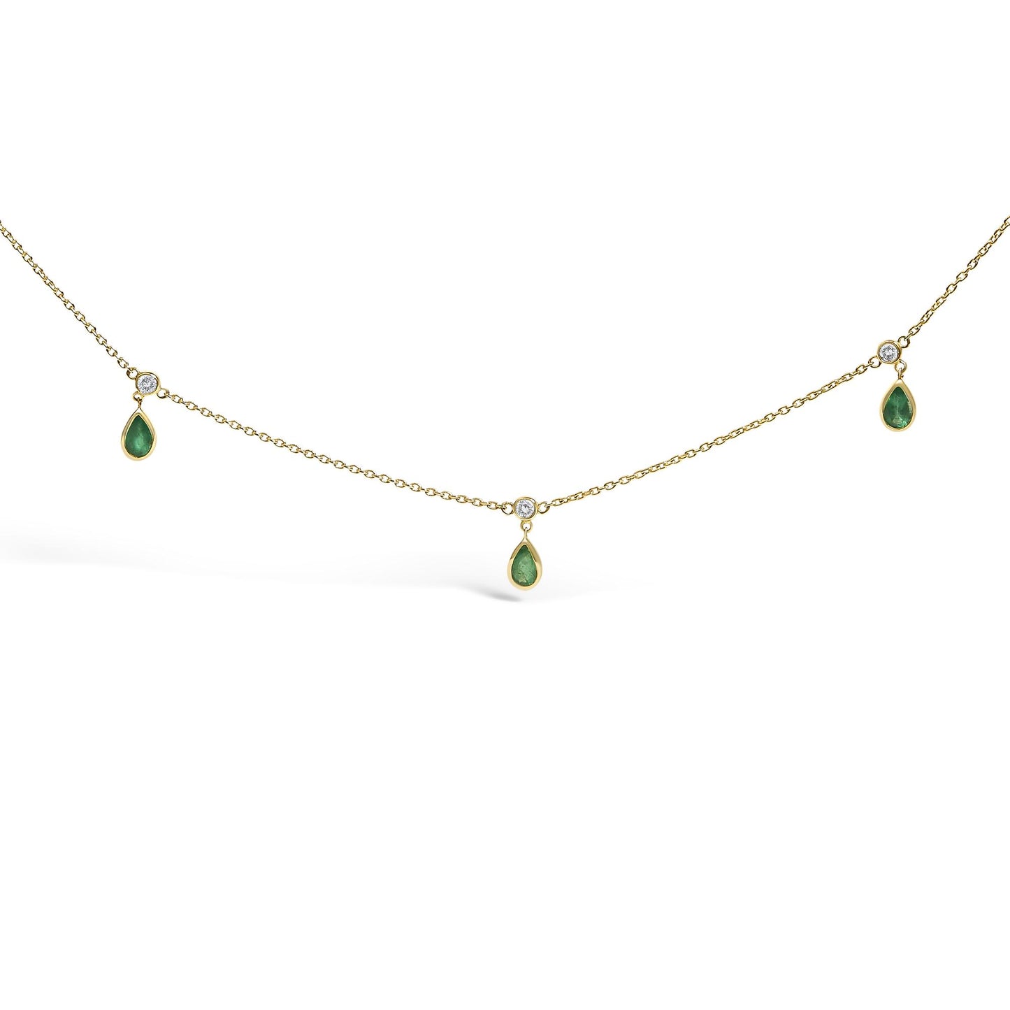 Front-facing close-up of a yellow necklace chain featuring alternating white round gemstones and green pear-shaped gemstones in bezel settings.