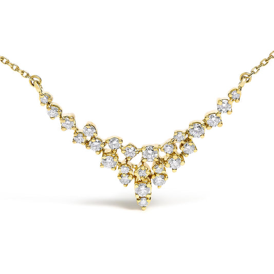 Yellow metal necklace with multiple round white gemstones in prong settings arranged in a tiered, cascading design, shown in a front-facing close-up.