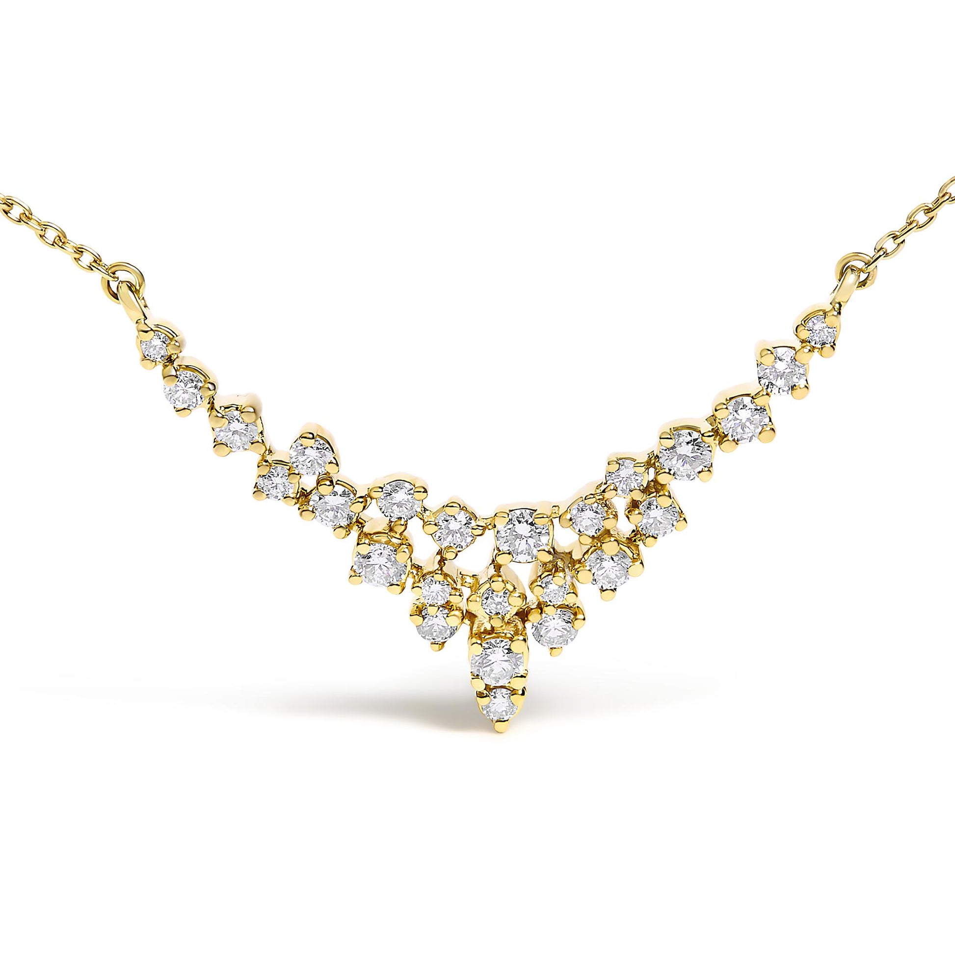 Yellow metal necklace with multiple round white gemstones in prong settings arranged in a tiered, cascading design, shown in a front-facing close-up.