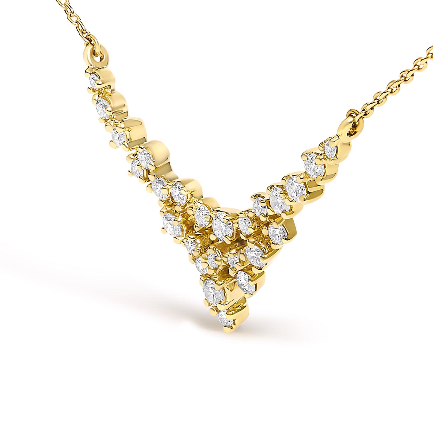 Close-up front angle of a yellow necklace featuring a V-shaped pendant adorned with multiple round white gemstones in prong settings.