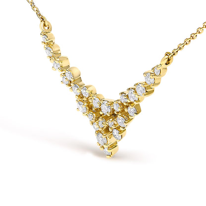 Close-up front angle of a yellow necklace featuring a V-shaped pendant adorned with multiple round white gemstones in prong settings.