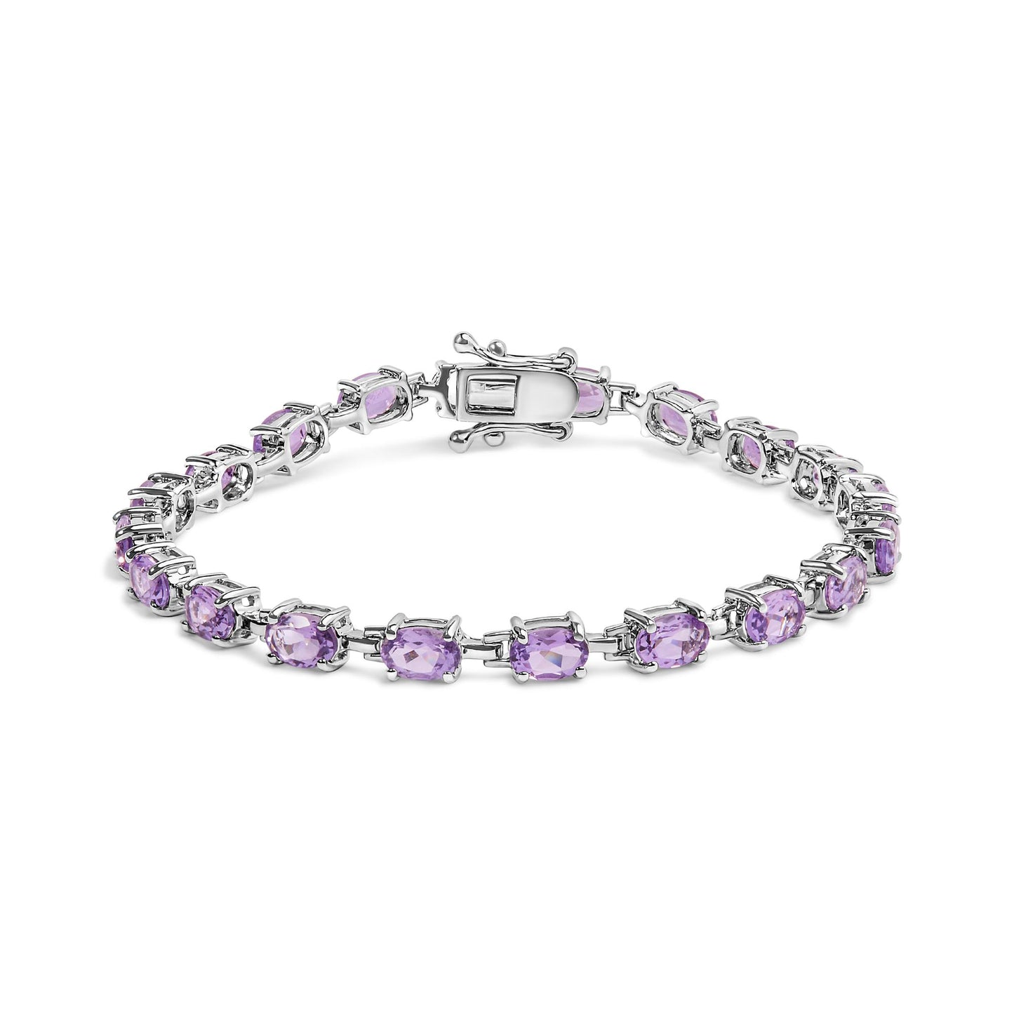 White bracelet featuring oval purple gemstones in four-prong settings, shown from a front angle.