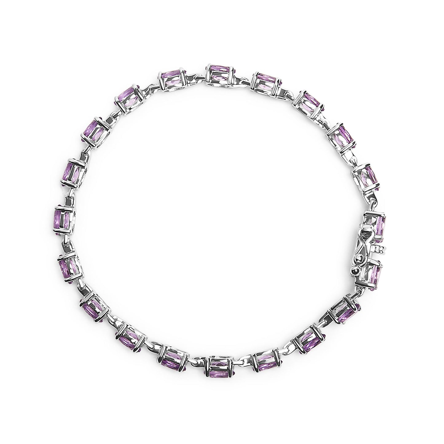 White metal bracelet with oval purple gemstones in 4-prong settings, shown in a flat lay top-down view.