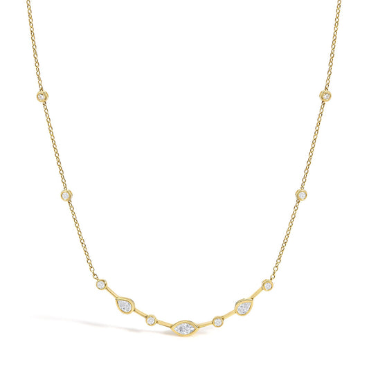 Front view of 18K yellow gold station necklace with bezel-set round, pear, and marquise diamonds on white background