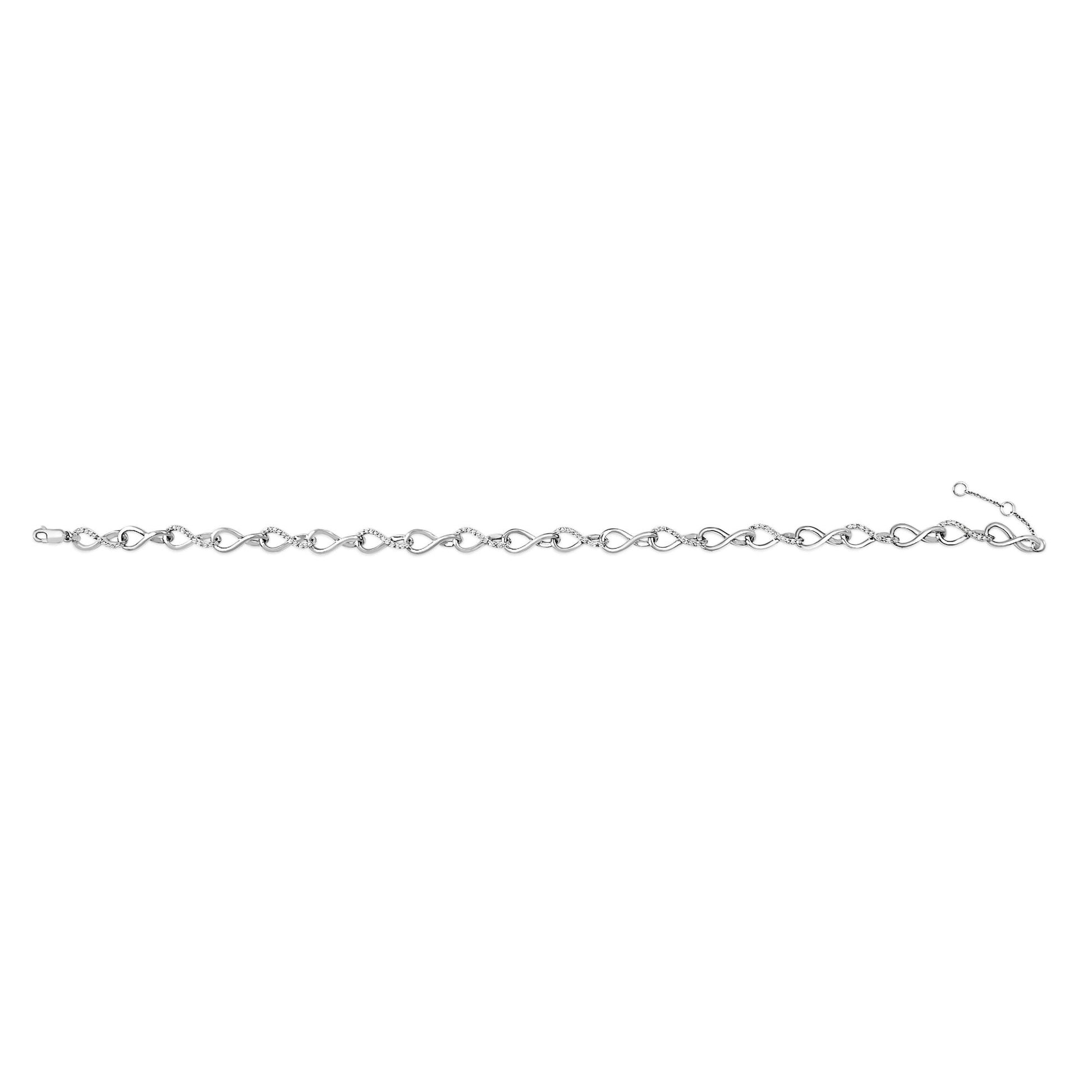 White bracelet with alternating infinity-shaped and curved links, each set with round white gemstones in prong settings, shown in a flat lay from a top-down angle.