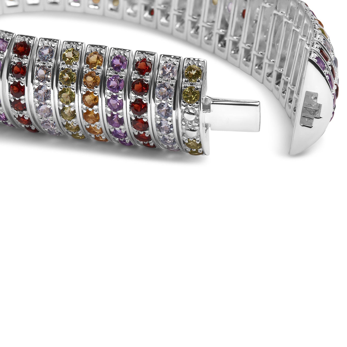 Close-up front angle of a white metal bracelet featuring rows of round purple, blue, lemon, yellow, and red gemstones in shared prong settings with an open clasp.
