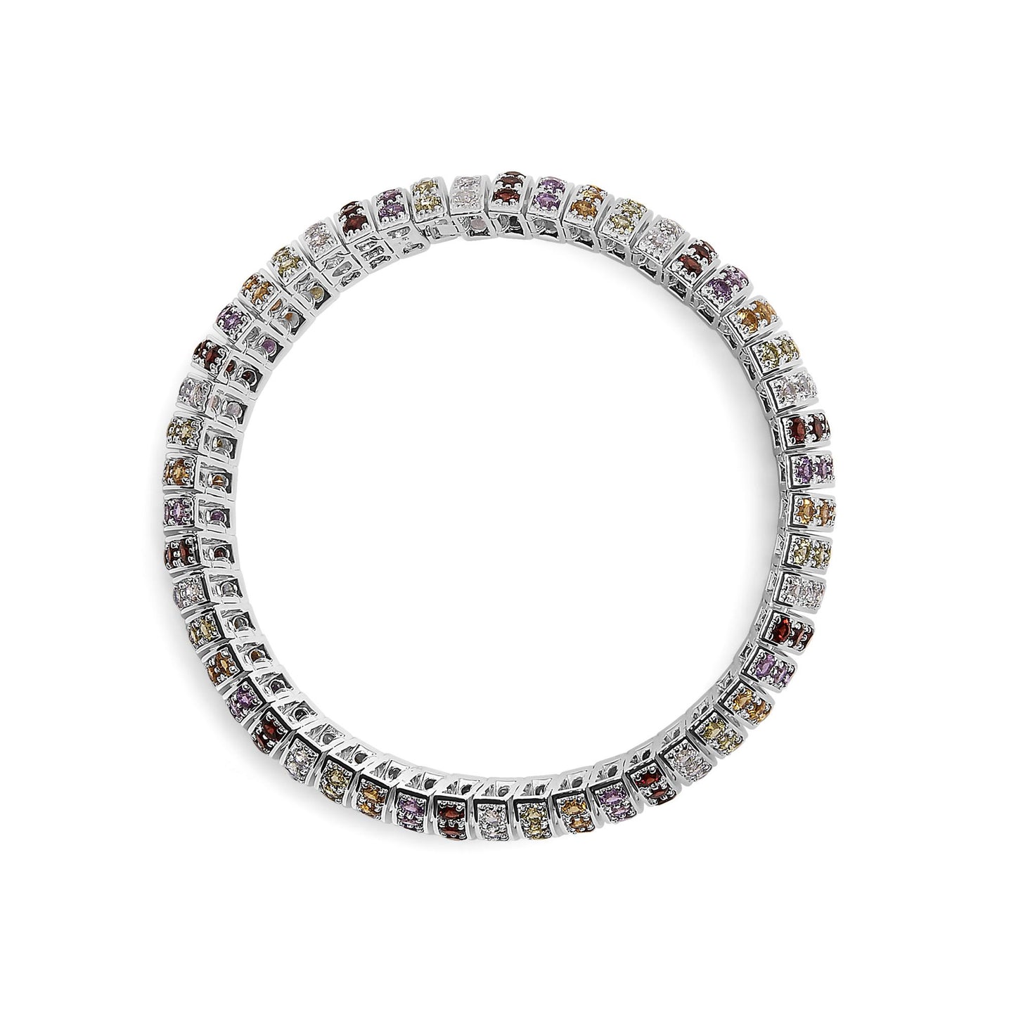 Top view of a white metal bracelet with round purple, blue, lemon, yellow, and red gemstones in shared prong settings arranged in a circular pattern.