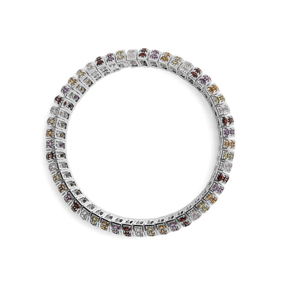 Top view of a white metal bracelet with round purple, blue, lemon, yellow, and red gemstones in shared prong settings arranged in a circular pattern.