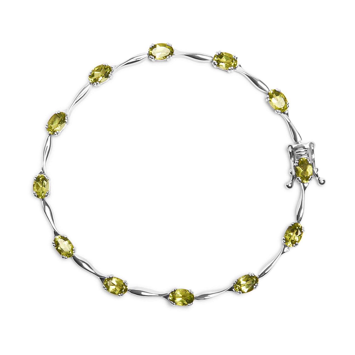 Top-down view of a white metal bracelet featuring oval green gemstones in four-prong settings, arranged in a continuous circle with a decorative clasp.