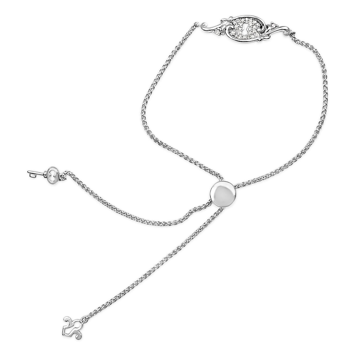 Close-up front angle of a white bracelet with a chain and a round slider, featuring an ornate oval detail with round white gemstones in a shared prong setting.