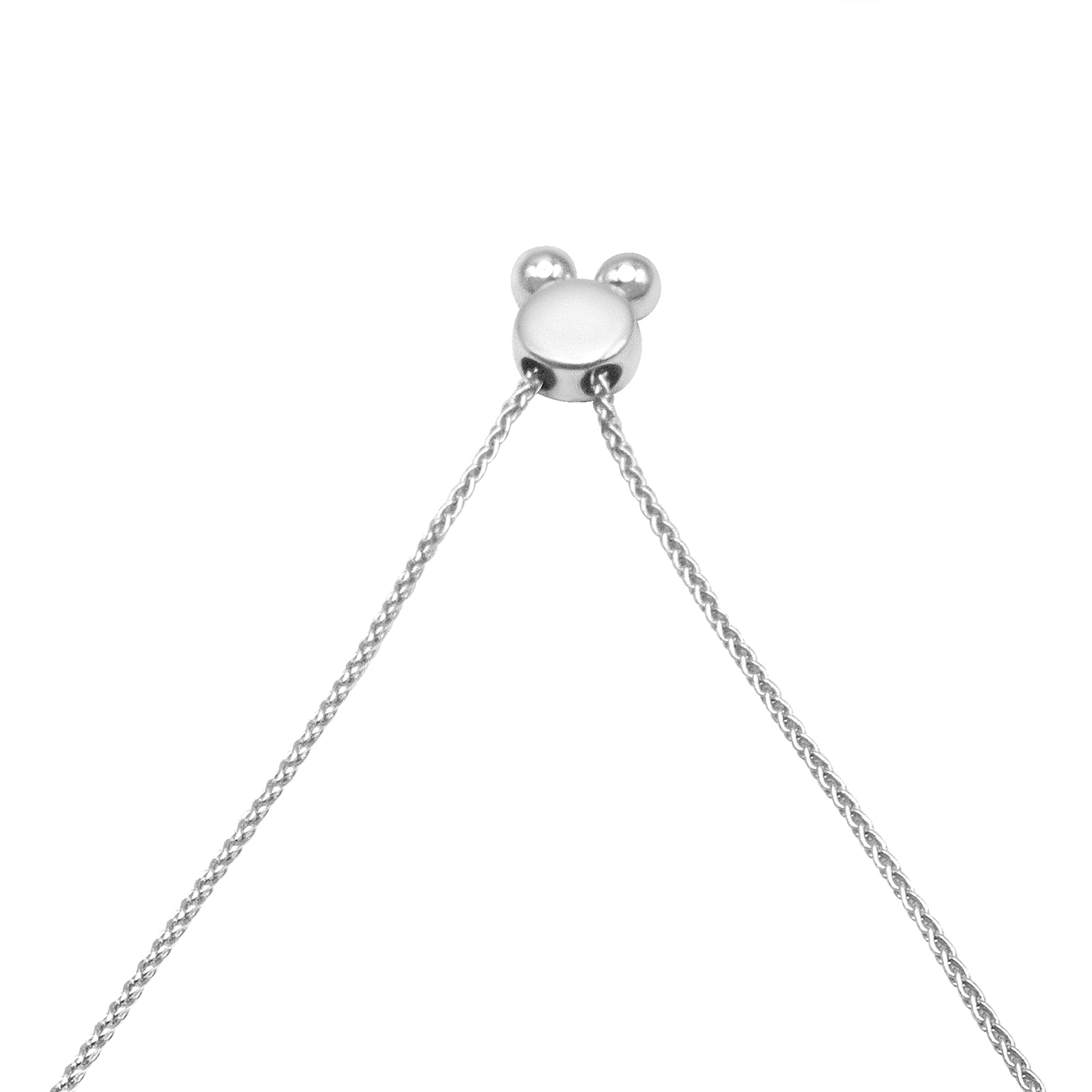 Close-up top view of a white metal bracelet slider with two round bead accents and attached chain on a white background.