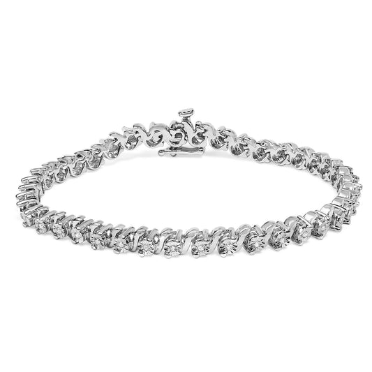 White bracelet with round white gemstones in a miracle setting, shown from a front angled perspective on a white background.