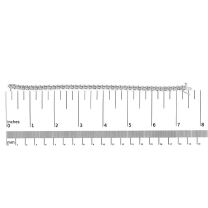 White metal bracelet with round white gemstones in miracle setting, shown lying flat on a measuring scale, top-down angle.