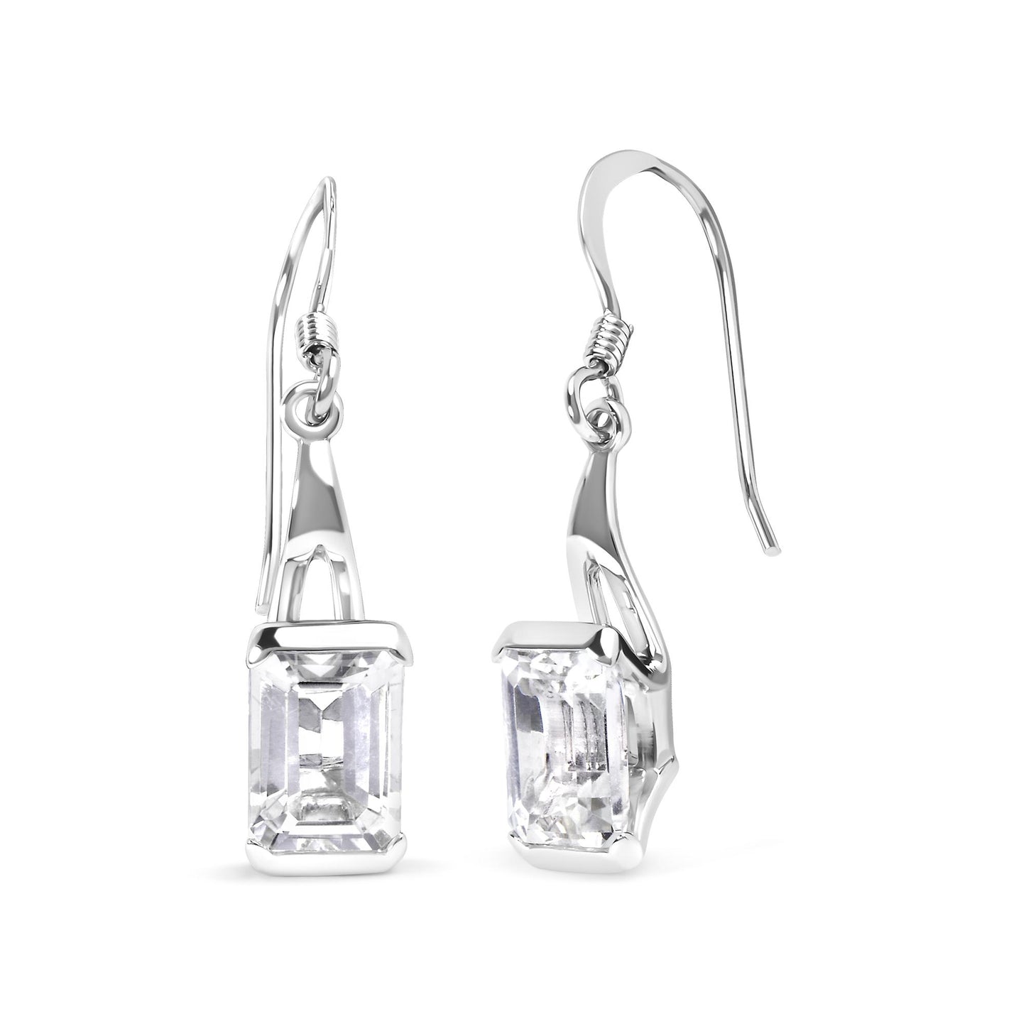 Front and side view of white metal earrings with rectangular white gemstones in four-prong settings, shown against a white background.