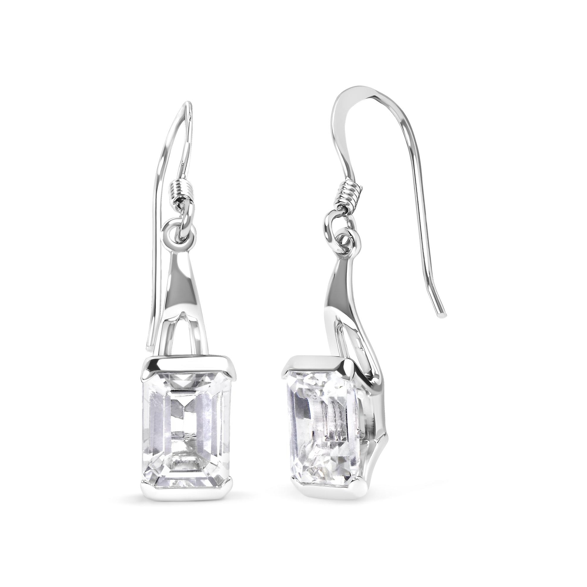 Front and side view of white metal earrings with rectangular white gemstones in four-prong settings, shown against a white background.