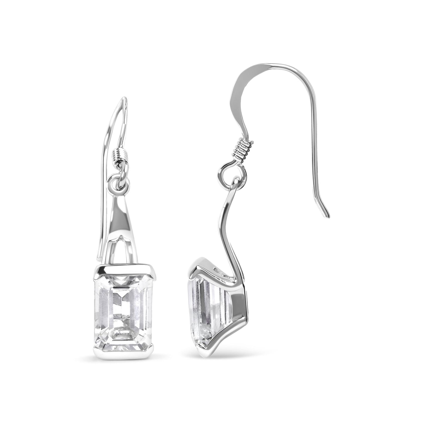 Pair of white metal earrings with emerald-shaped white gemstones in 4-prong settings, shown from front and side angles on a white background.