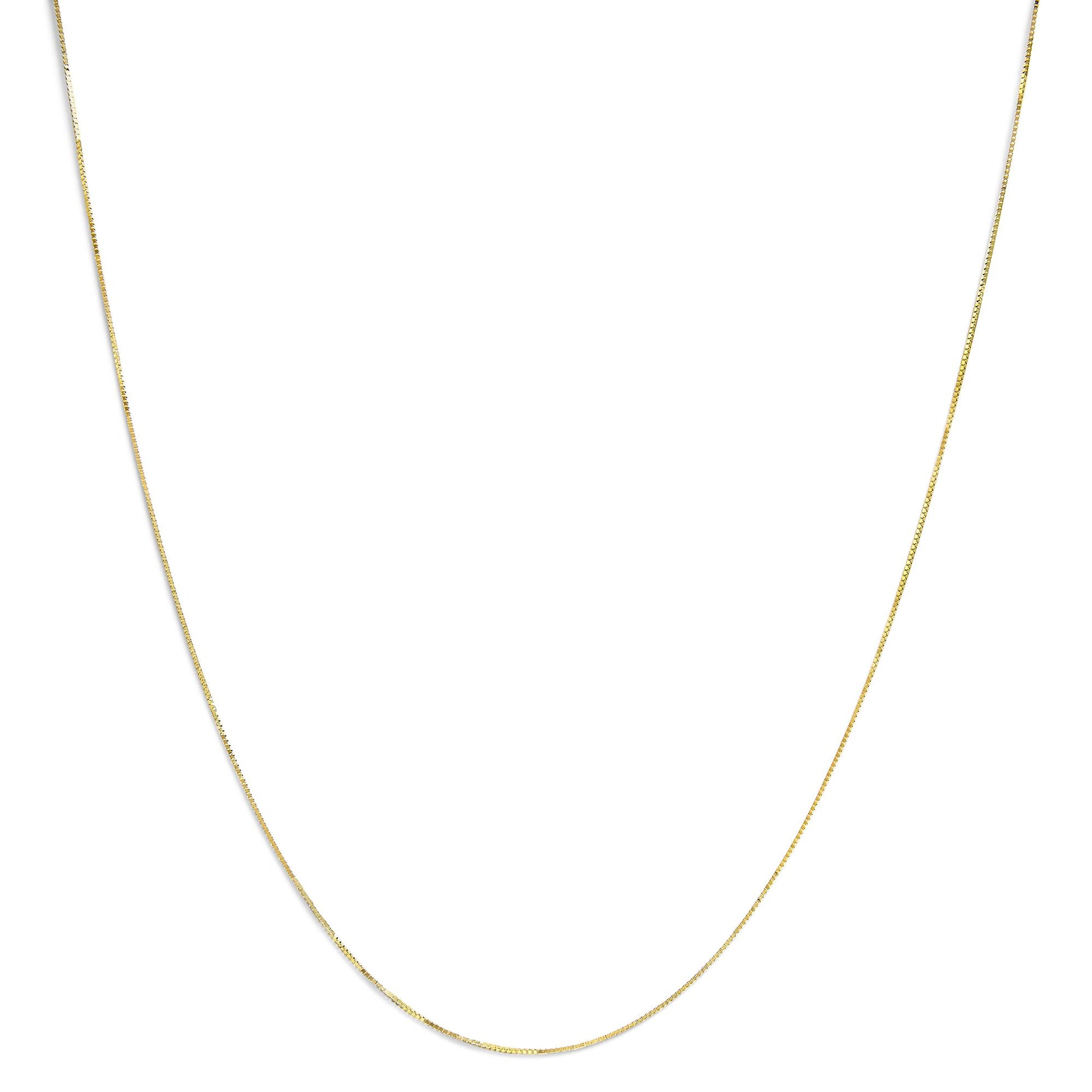Close-up, front-facing view of a thin, yellow chain necklace against a white background.
