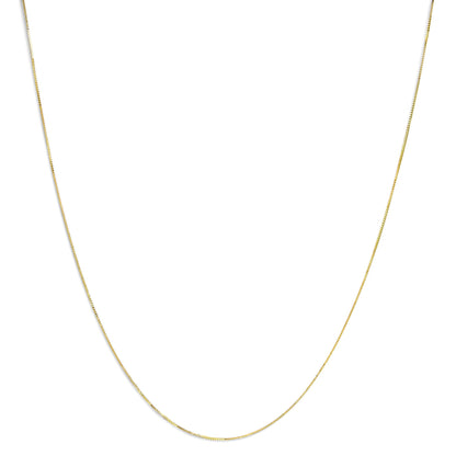 Close-up, front-facing view of a thin, yellow chain necklace against a white background.