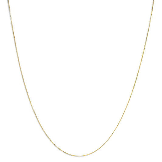 Close-up, front-facing view of a thin, yellow chain necklace against a white background.