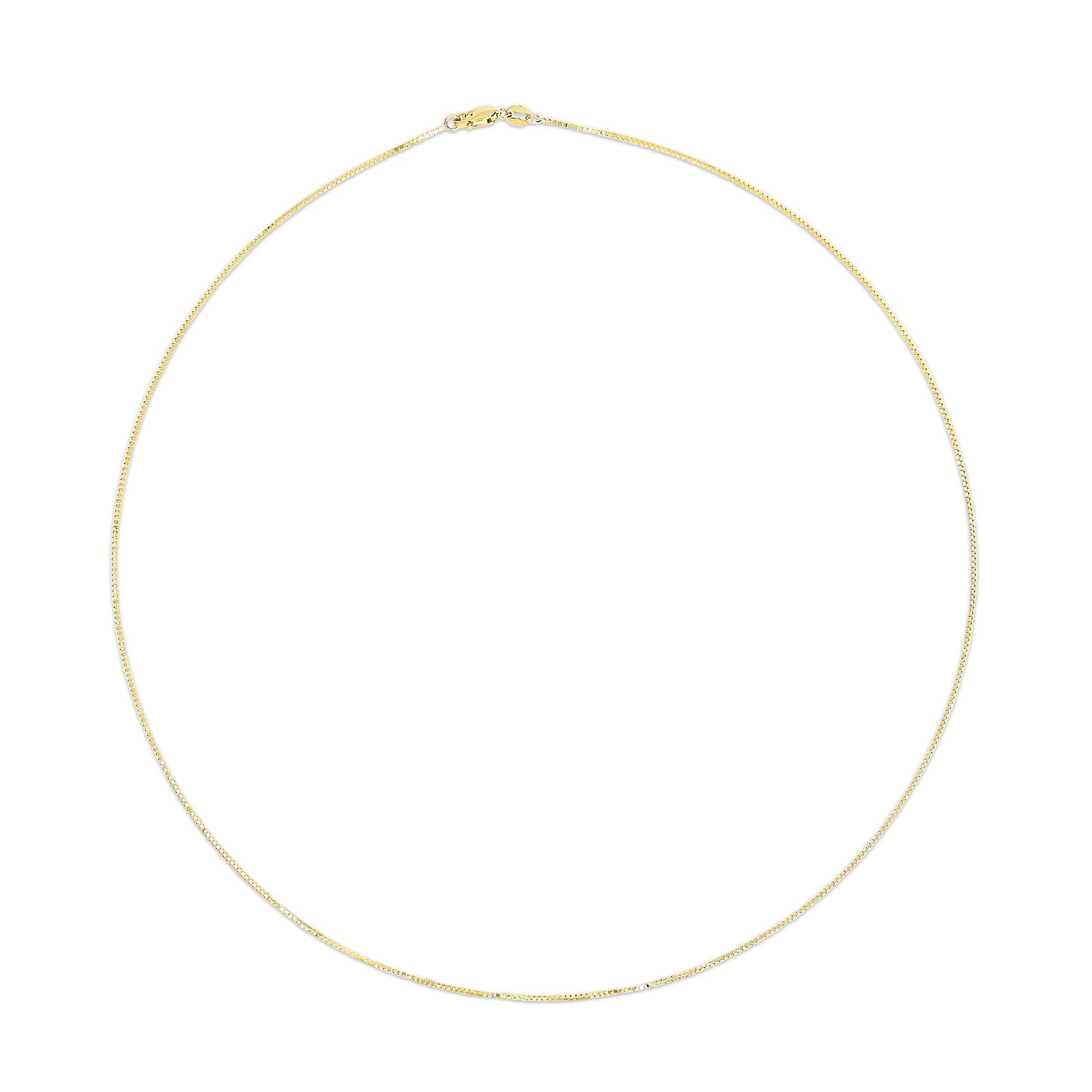 Top-down view of a thin yellow chain necklace with a lobster clasp on a white background.