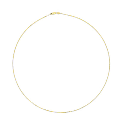 Top-down view of a thin yellow chain necklace with a lobster clasp on a white background.
