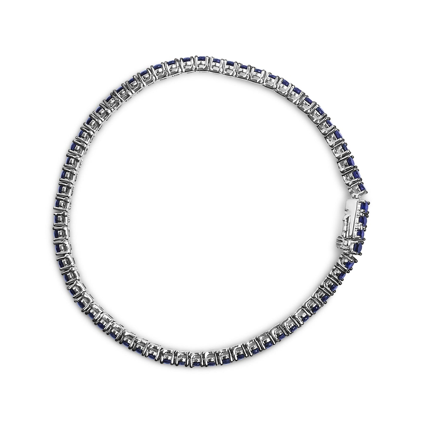 Top-down view of a white bracelet set with round blue gemstones in shared prong settings.