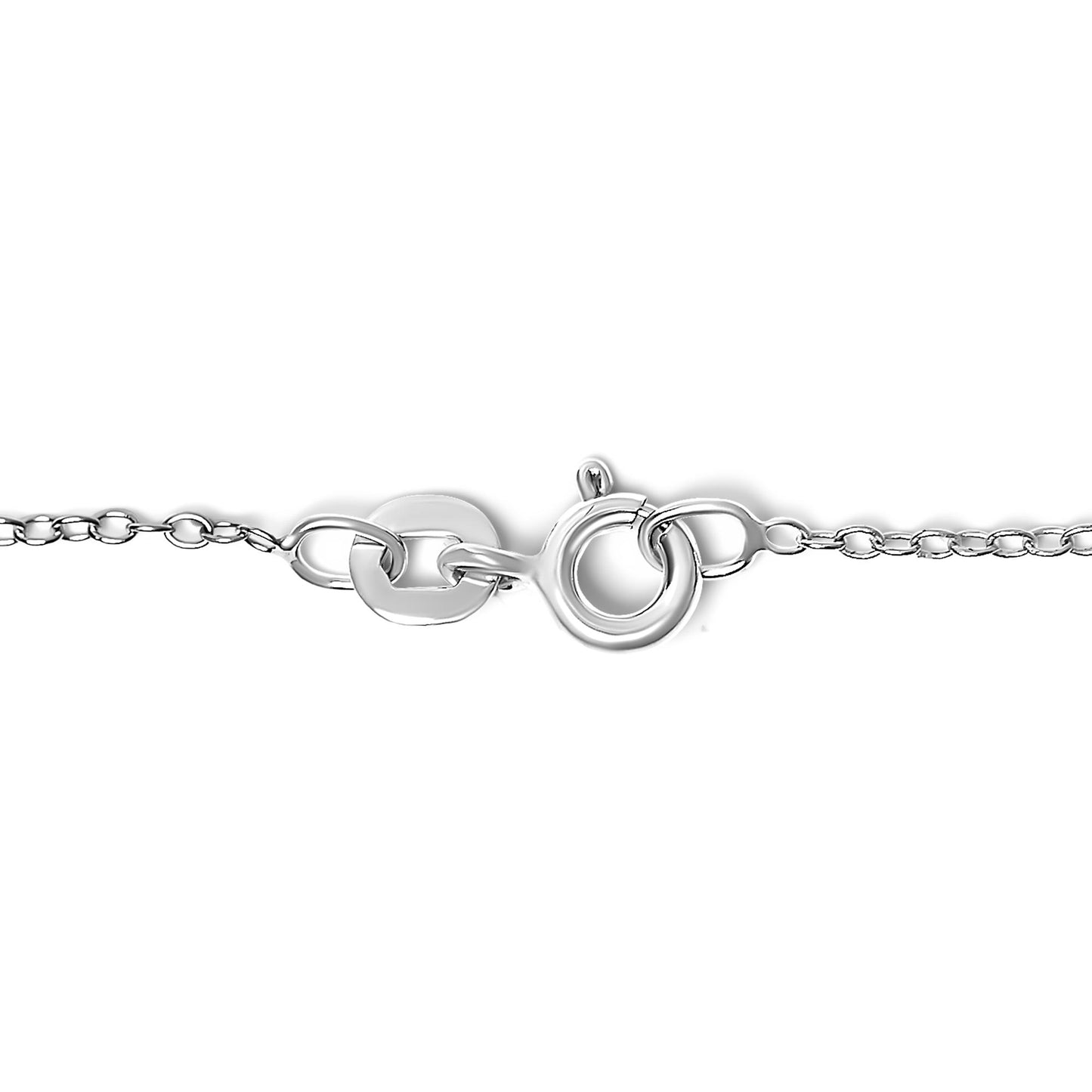 Close-up front view of a white metal bracelet clasp and chain link detail.