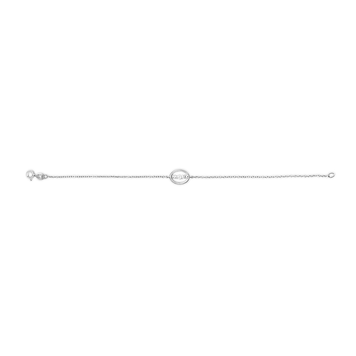 White metal bracelet with a delicate chain and a central circular pendant featuring multiple round white gemstones in prong settings, shown from a top-down angle.