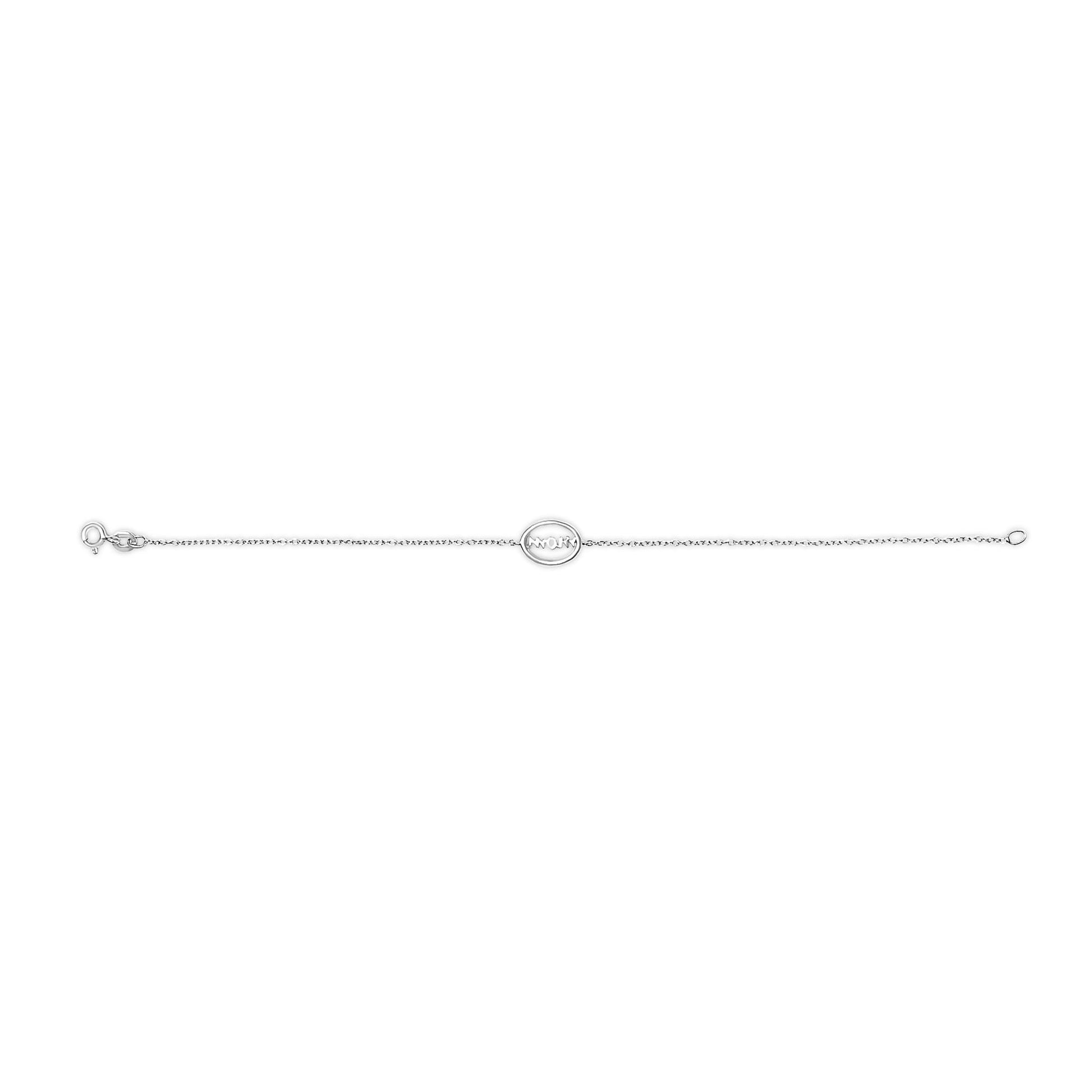 White metal bracelet with a delicate chain and a central circular pendant featuring multiple round white gemstones in prong settings, shown from a top-down angle.