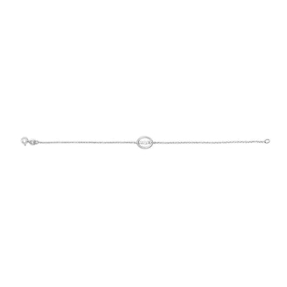 White metal bracelet with a delicate chain and a central circular pendant featuring multiple round white gemstones in prong settings, shown from a top-down angle.