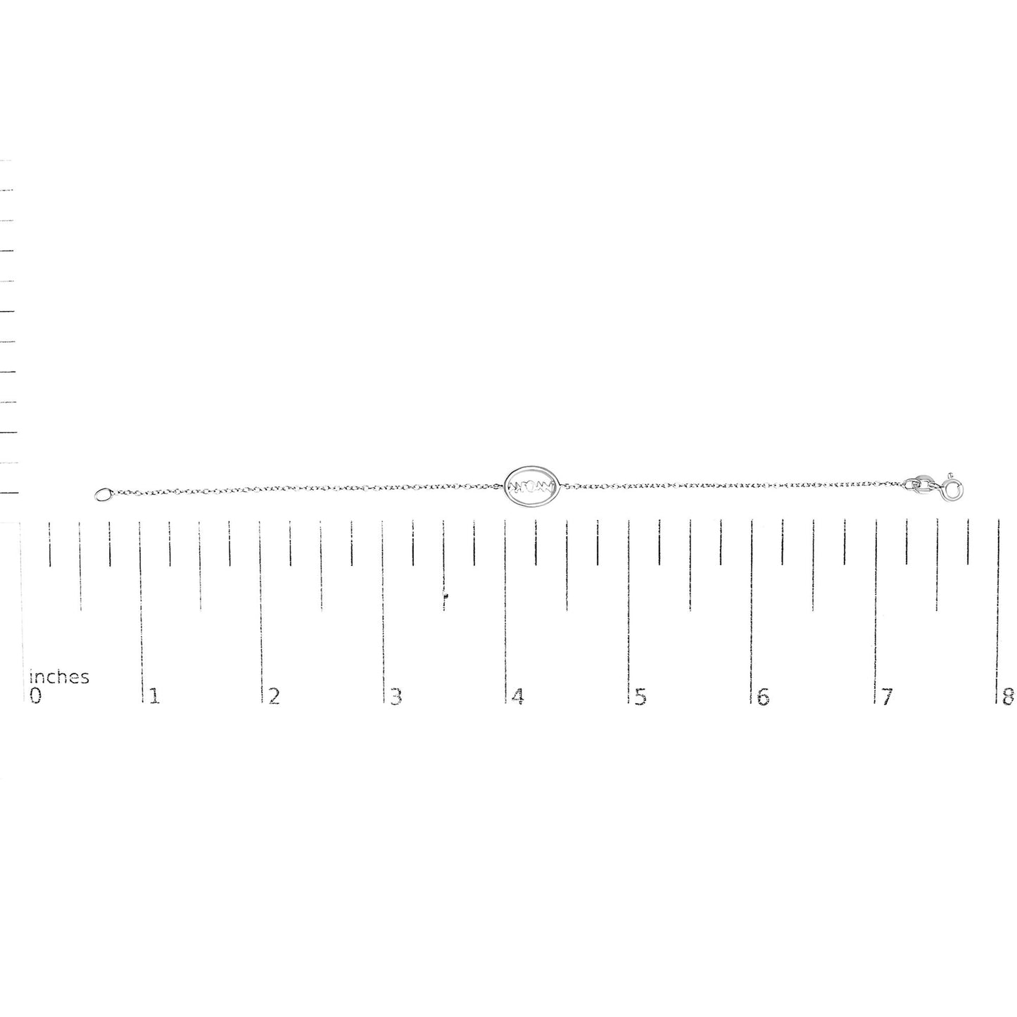 Bracelet with white metal chain and oval centerpiece featuring white round gemstones in prong settings, laid flat on a ruler for size reference, top-down view.