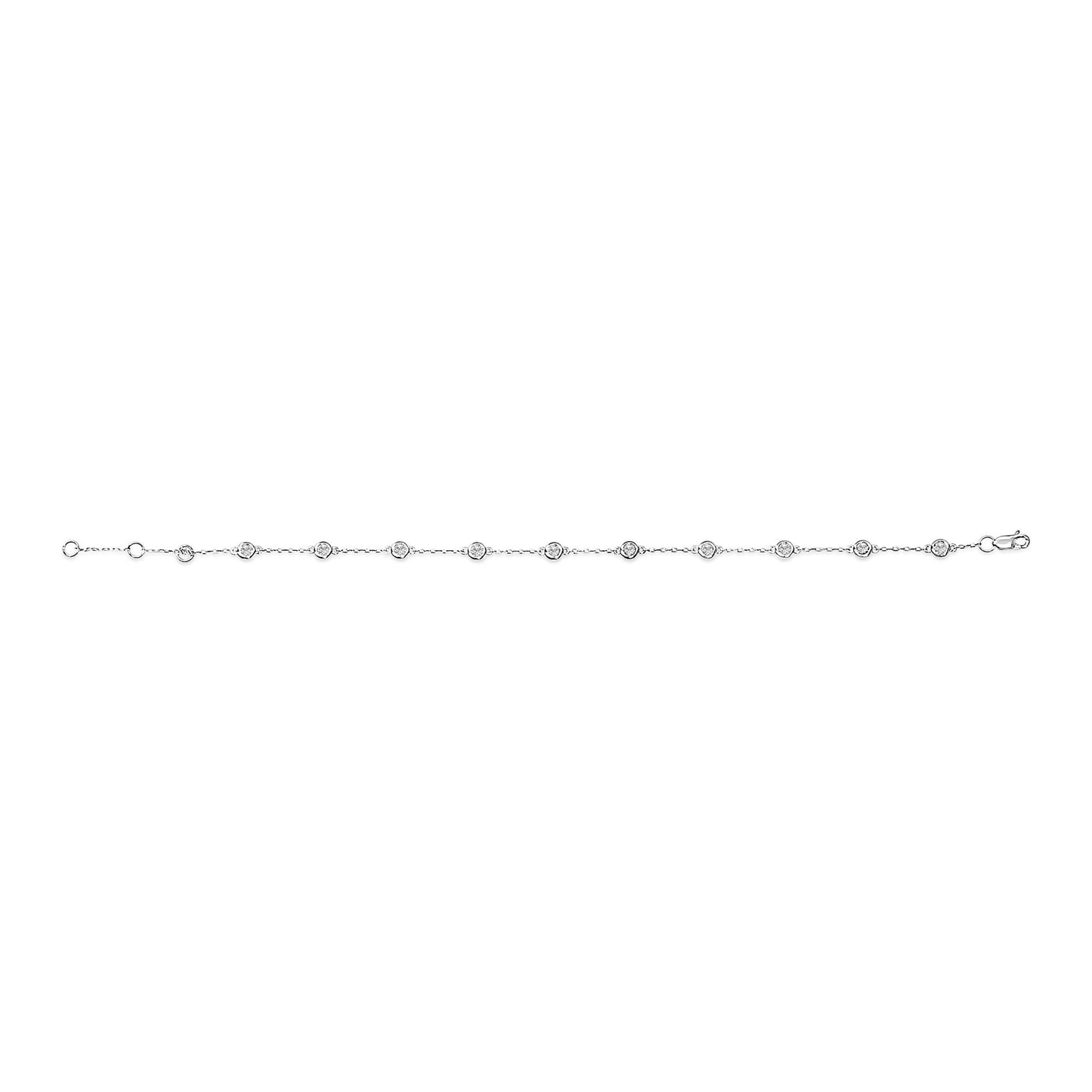 White metal bracelet with round white gemstones in bezel settings, shown flat from a top-down angle.