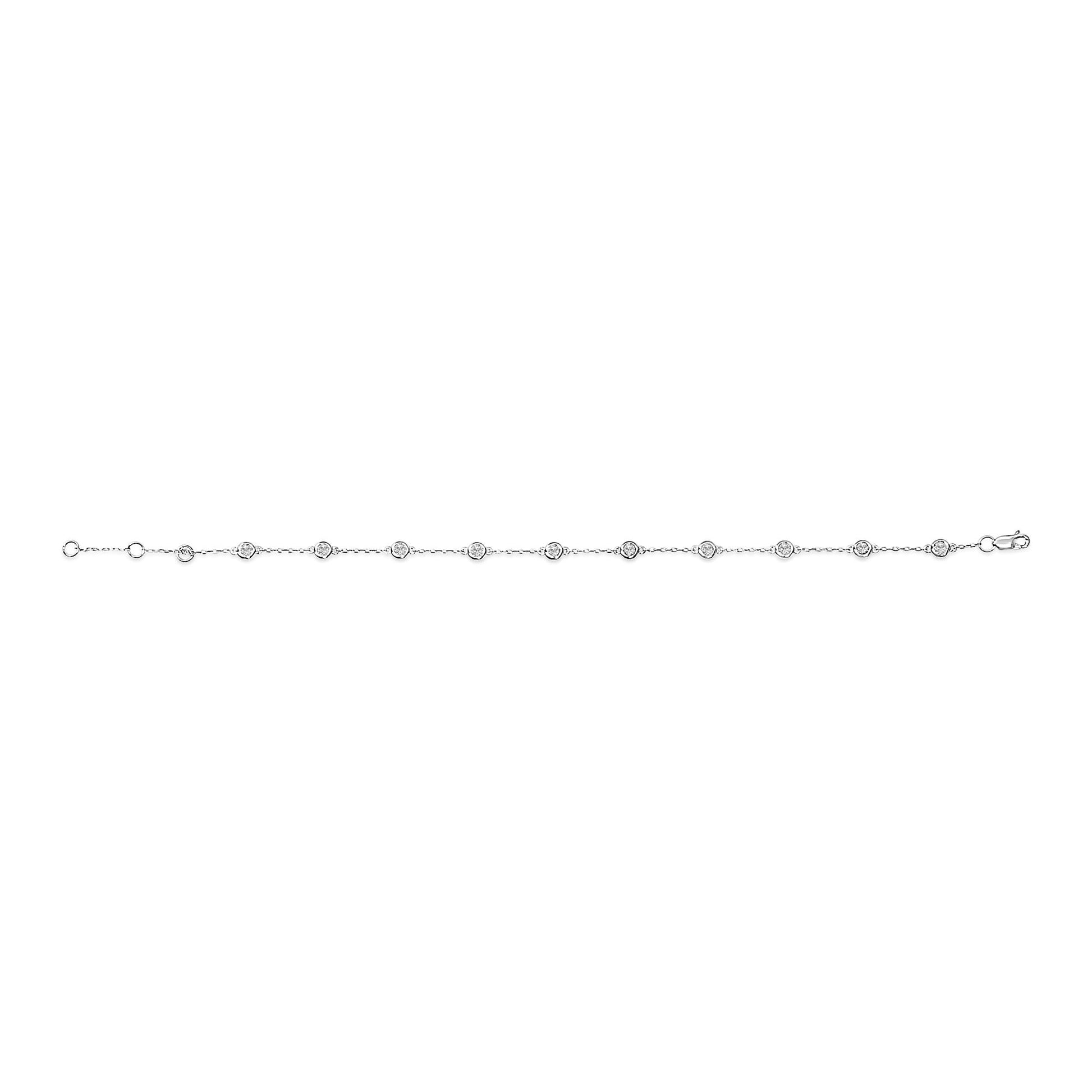 White metal bracelet with round white gemstones in bezel settings, shown flat from a top-down angle.