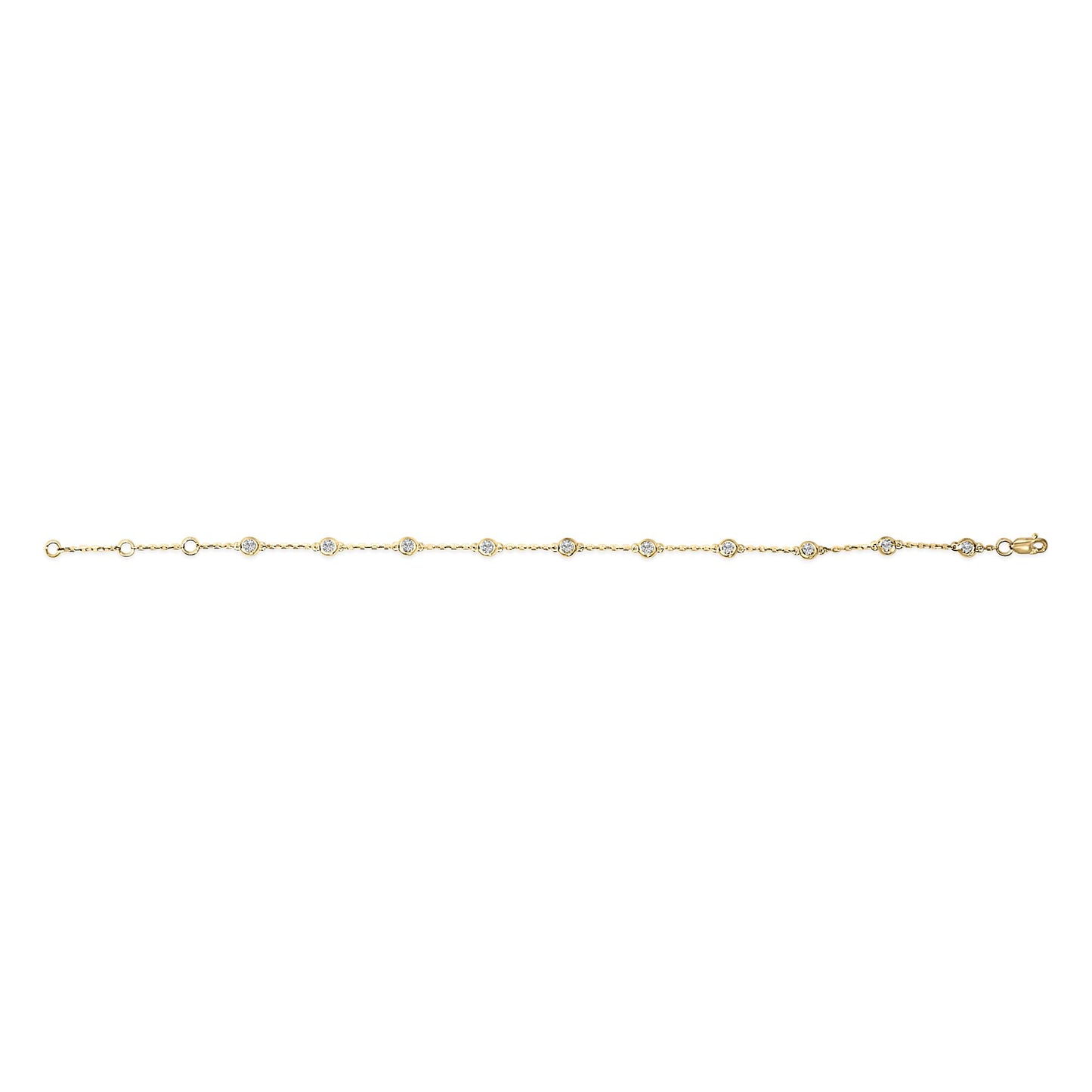 Yellow metal bracelet with evenly spaced round white gemstones in bezel settings, shown flat from a top-down angle.