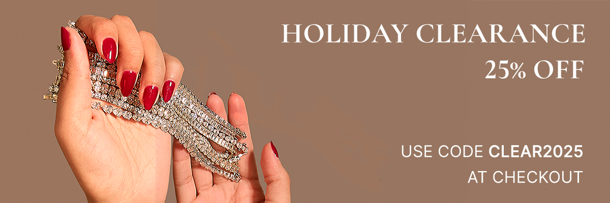 Hand holding a bracelet with holiday clearance text and offer details on a brown background