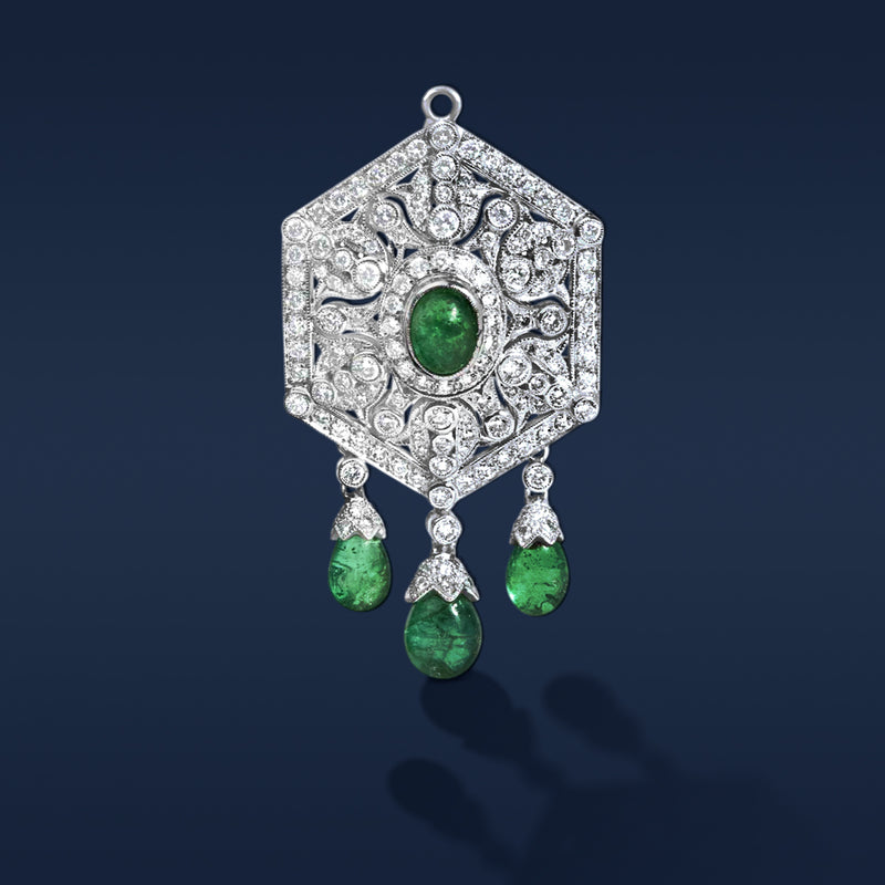 Haus of Brilliance complex white gold brooch with emeralds and diamonds