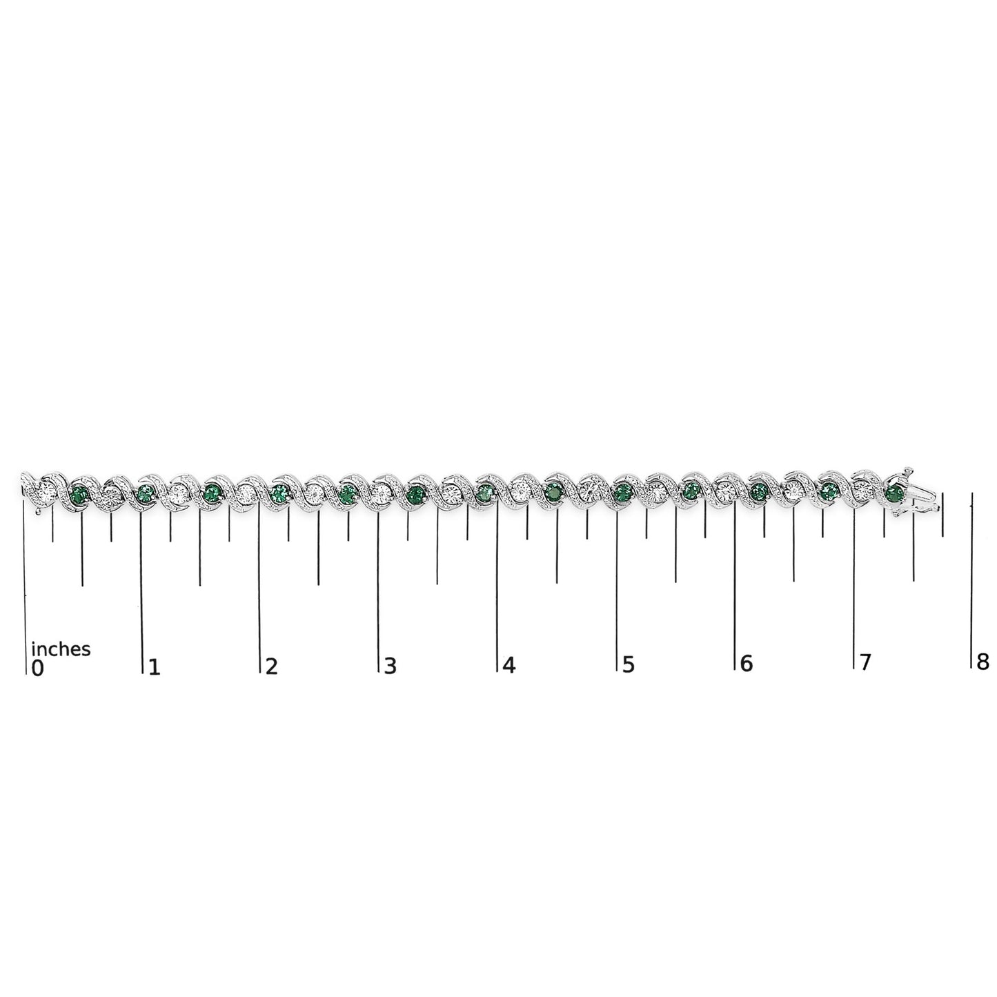 White bracelet with alternating white gemstones and green gemstones in a twisted design, shown flat on a scale from 0 to 8 inches, front facing.