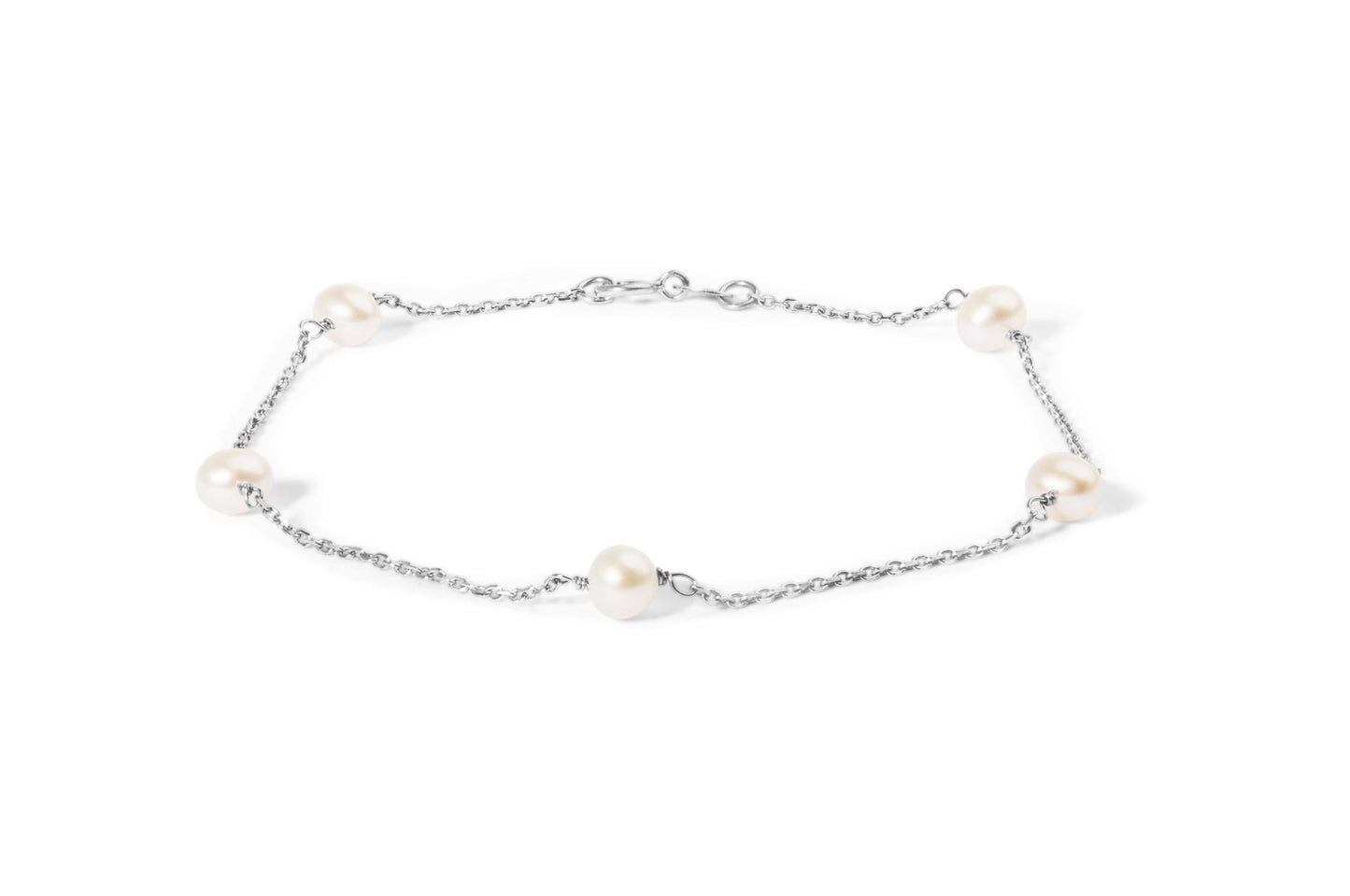 White metal chain bracelet with evenly spaced white gemstones, shown flat from a top-down angle on a white background.
