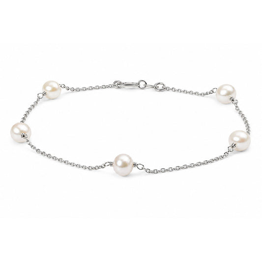 White metal chain bracelet with evenly spaced white gemstones, shown flat from a top-down angle on a white background.