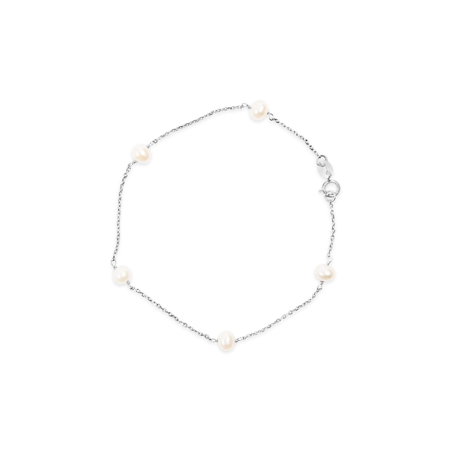 White metal bracelet with round white gemstones spaced along a delicate chain, shown flat from above.