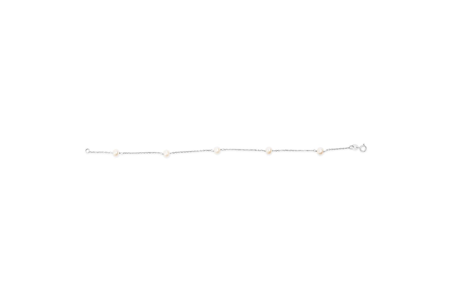 White bracelet with pearl-like gemstones spaced evenly on a fine chain, shown flat from a top-down angle on a white background.