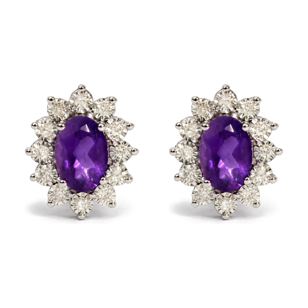 Sterling Silver 1/8 Cttw Diamond Starburst Oval Amethyst Stud Earrings