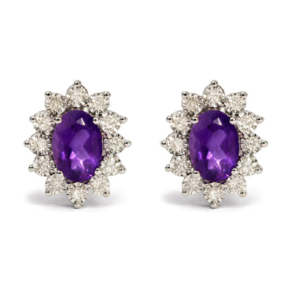 Sterling Silver 1/8 Cttw Diamond Starburst Oval Amethyst Stud Earrings