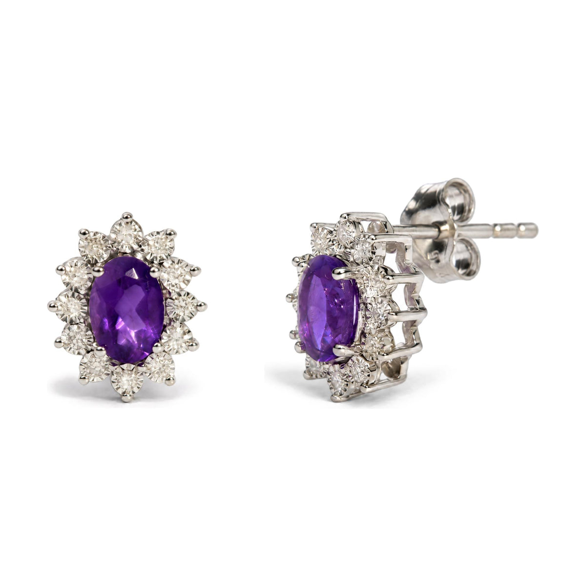 Sterling Silver 1/8 Cttw Diamond Starburst Oval Amethyst Stud Earrings