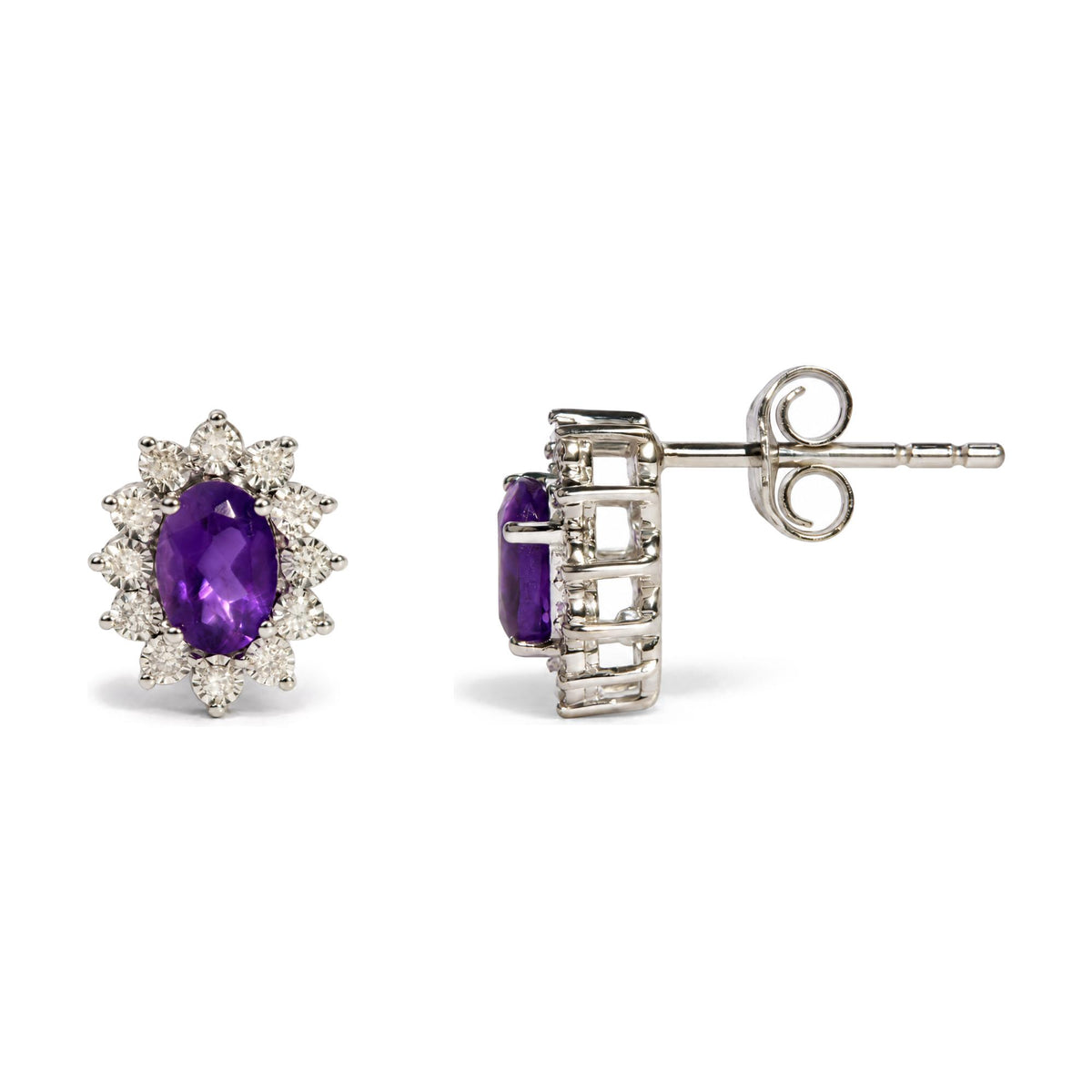 Sterling Silver 1/8 Cttw Diamond Starburst Oval Amethyst Stud Earrings