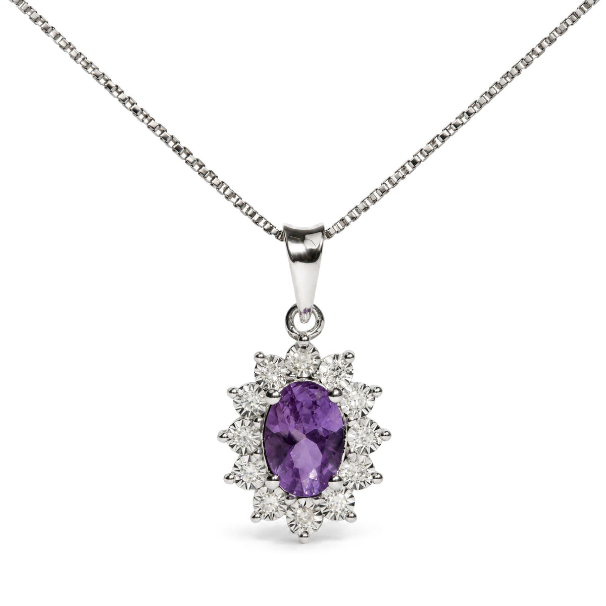 Close-up front view of a white metal necklace with an oval purple gemstone pendant surrounded by round white gemstones in a floral cluster design shown on a white background.